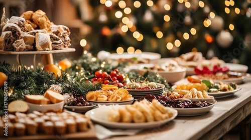 Abundant holiday feast spread with festive decorations and twinkling lights creates a warm, celebratory atmosphere for family gatherings and winter celebrations.