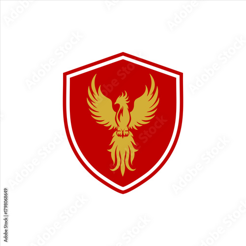 Majestic golden phoenix rising on a regal red shield, powerful emblem design.