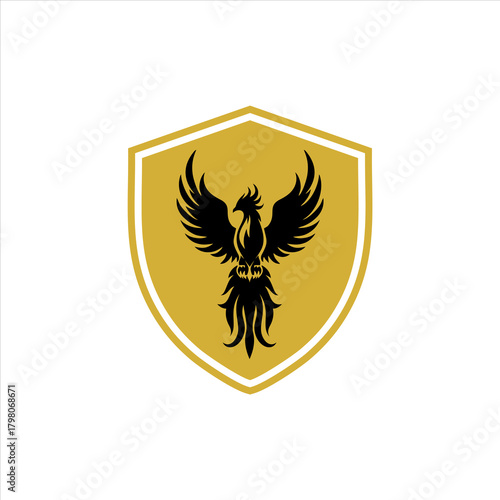 Detailed black phoenix or eagle on a luxury golden shield, powerful corporate emblem.