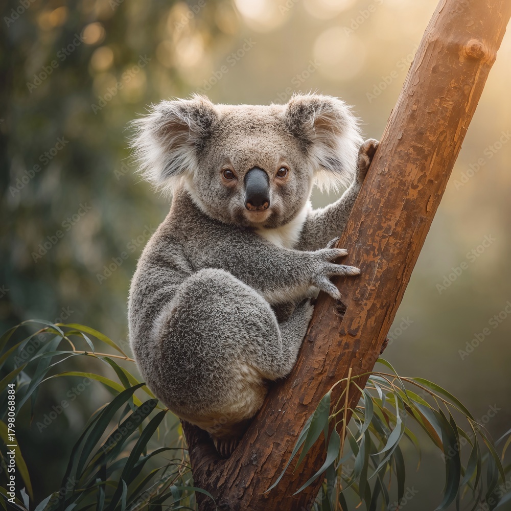 Fototapeta premium Hyperreal Portrait of a Koala in Eucalyptus Tree With Soft Fur and Dreamy Forest Atmosphere