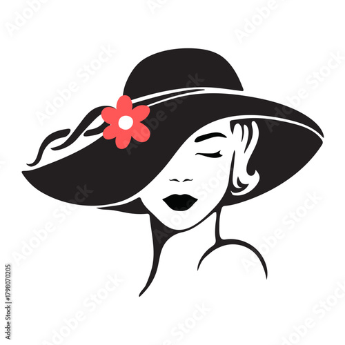 A sophisticated illustration of an elegant woman wearing a large black sun hat with a single red flower, embodying classic beauty and style