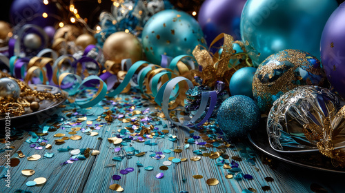 Festive party or carnival border of coiled streamers and confetti on a light blue green wood background with copy space