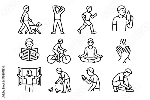 Warming dog opening stretching sipping activity morning icon vector newspaper yoga shoelaces