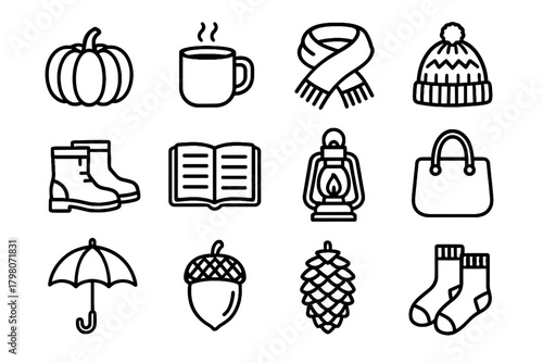 Mug autumn scarf bag icon vector acorn pinecone socks set warm umbrella
