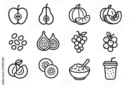 Quartered fruit vector slices cut halved pumpkin sliced pomegranate icon set