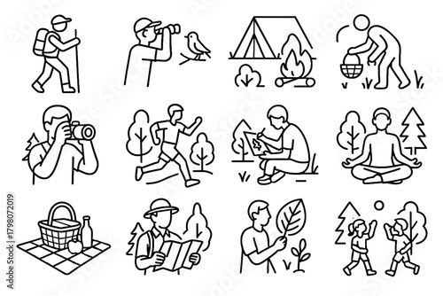 Icon leaf sketching activity vector games hiking running forest collecting icons picking