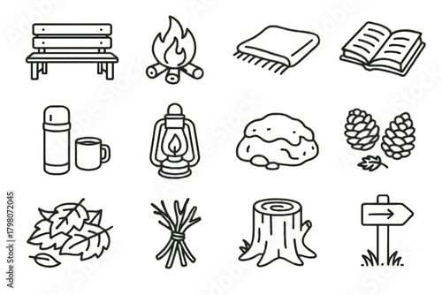 Forest icons small marker icon rock wooden vector twig pile cozy lantern