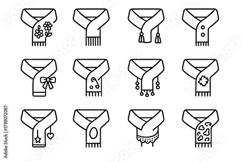 Scarf icons patches printed fringe charms pins applique vector beads decoration icon