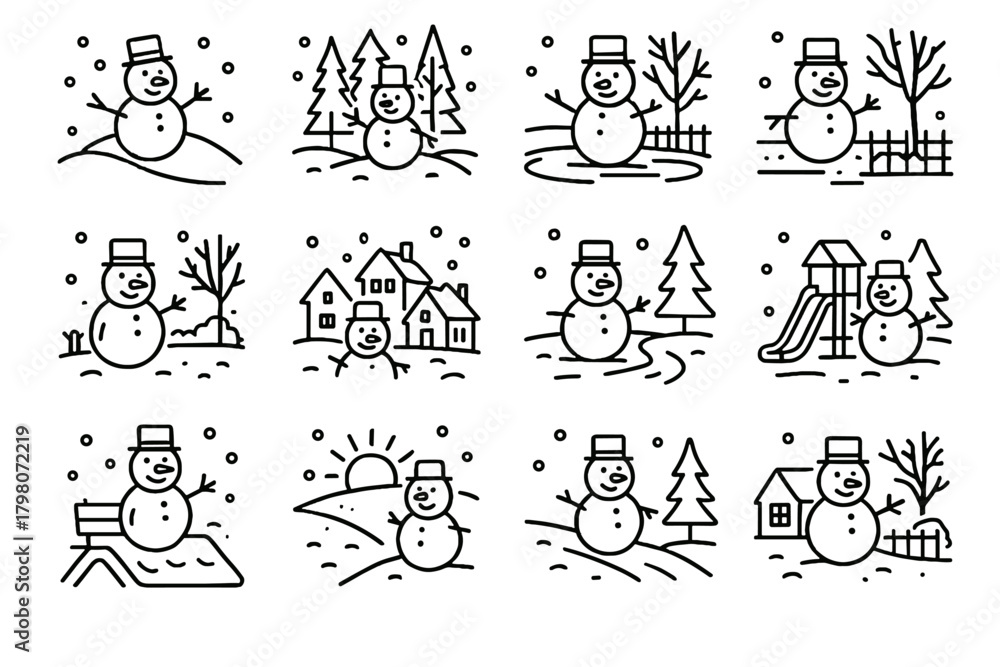 Fototapeta premium Winter cozy snowy icon vector forest slope frosty collection path yard