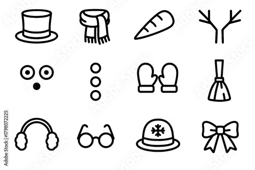 Vector nose earmuffs snowman eyes button hat icon set glasses decorative arms
