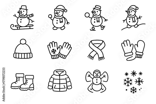 Snowball mittens winter snow hill collection hat angel skate icon vector