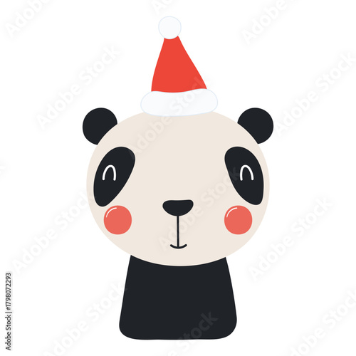 Panda in a Santa Claus hat isolated on transparent. Hand drawn flat vector il...