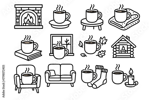 Cabin cozy book vector beside icon chocolate blanket hot socks window fireplace