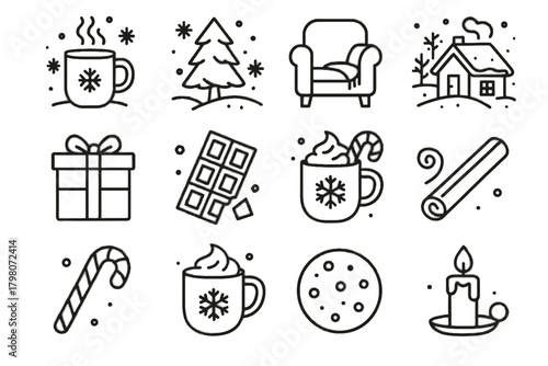 Set vector gift snowy cinnamon chocolate winter holiday side icon stick hot