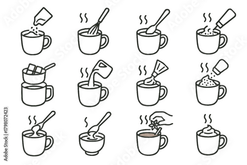 Stirring drizzling caramel vector melting icon adding hot spices chocolate frothing cocoa