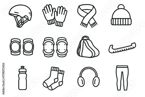 Earmuffs ice icon gloves scarf vector helmet bag skating essentials hat bottle