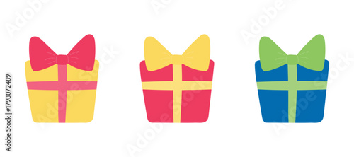 Birthday gifts, presents in boxes, wrapping paper, with bow set. Hand drawn illustration, isolated vectors. Flat design. Birthday celebration, festival, carnival, party clip art, element