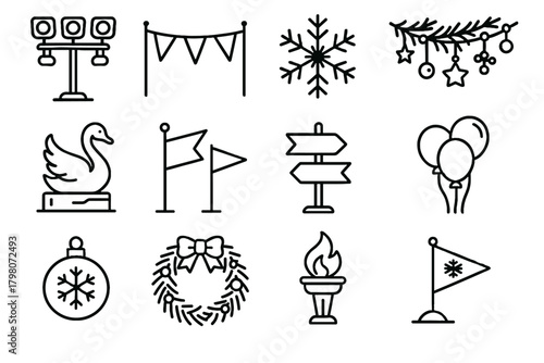 Ice festive snowflakes torches signs balloons flags vector icon wreaths skating sculptures