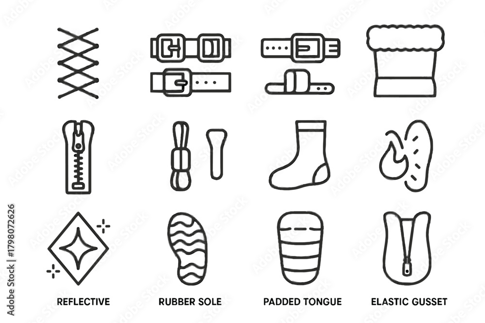 Fototapeta premium Cuff patch sole fur icon boots vector thermal padded snow zipper tongue