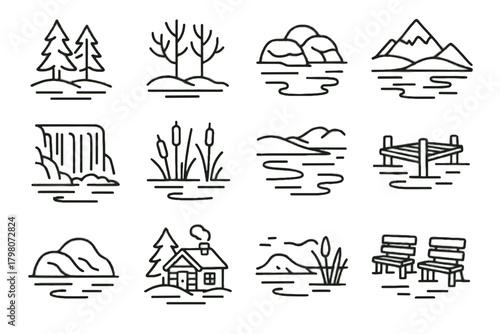 Icons lake wooden benches frozen vector rocks reeds dock icon pine snow