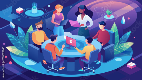 Gradient-driven teamwork: diverse professionals collaborate around a data-driven workstation in a bold gradient landscape