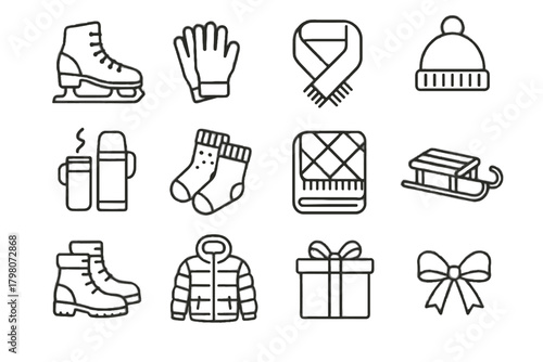 Skates winter lake hot hat thermos icon gift vector festive frozen jacket