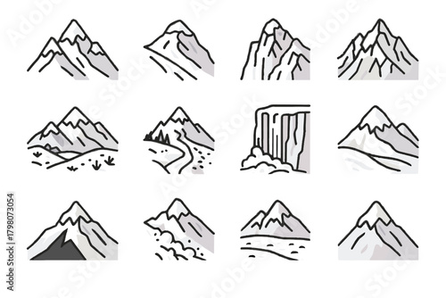 Frozen mountain icon slope area trail drift vector snowy avalanche shadow