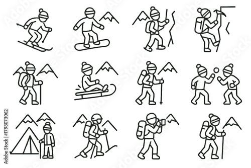 Ice snowboarding skiing climbing activity icons snowshoeing camping snowball icon vector sledding