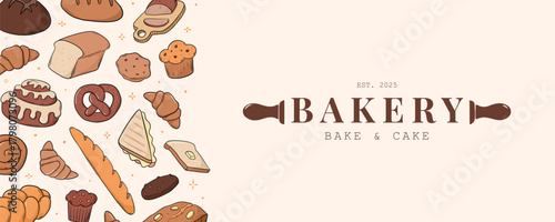 Bakery horizontal banner decorated with bread doodles and text, copy space for posters, prints, cards, etc. EPS 10