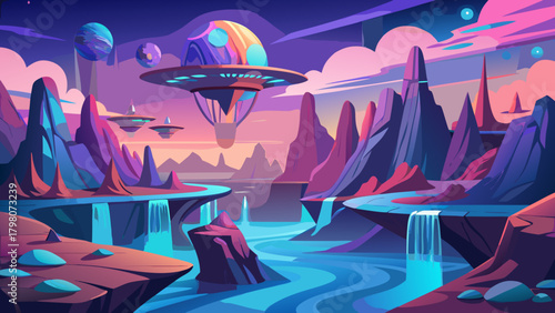 Surreal frontier landscape with floating islands and neon river in gradient vectors