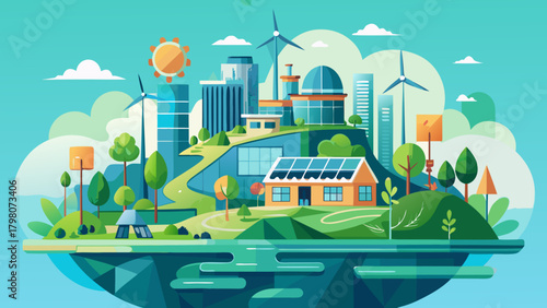 Sustainable city garden: eco-friendly living in a clean vector landscape with soft earth tones