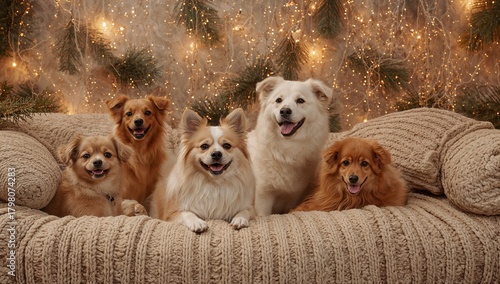 Delightful pack of happy dogs posing together on a cozy blanket with festive fairy lights and evergreen branches creating a warm, inviting holiday atmosphere.