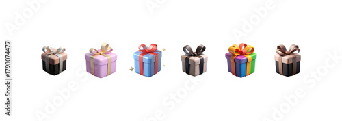 Pastel and Neutral Gift Boxes. Elegant 3D gift boxes in pastel and neutral tones with glossy bows. Stylish isolated icons suitable for holidays, birthdays, and rewards.