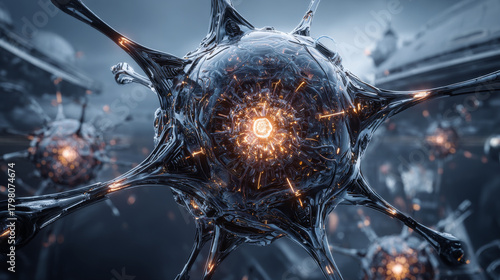 Fototapeta Naklejka Na Ścianę i Meble -  Cyborg Cell Virus bio mechanical structure nanotechnology concept biomechanical  alien 3d rendering