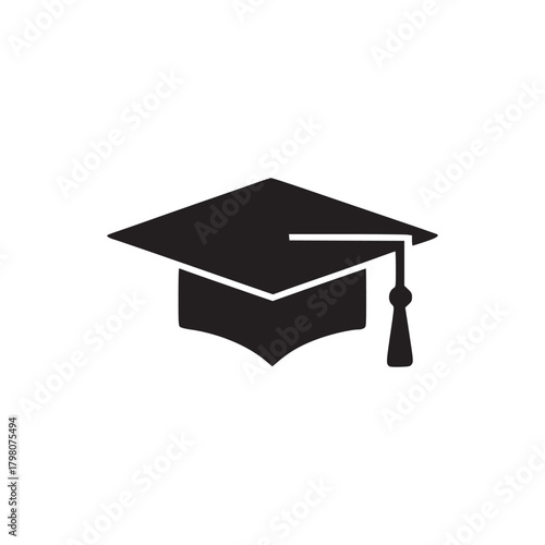 A minimalist black graduation cap with tassel on a white background in a simple graphic design style