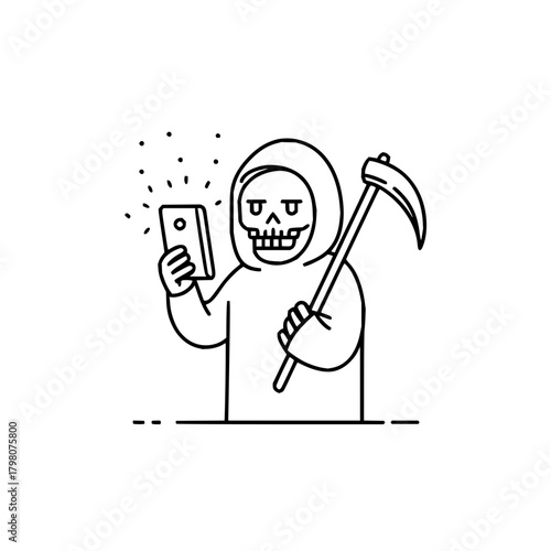 A grim reaper taking a selfie with a smartphone while holding a scythe in a minimalist style art