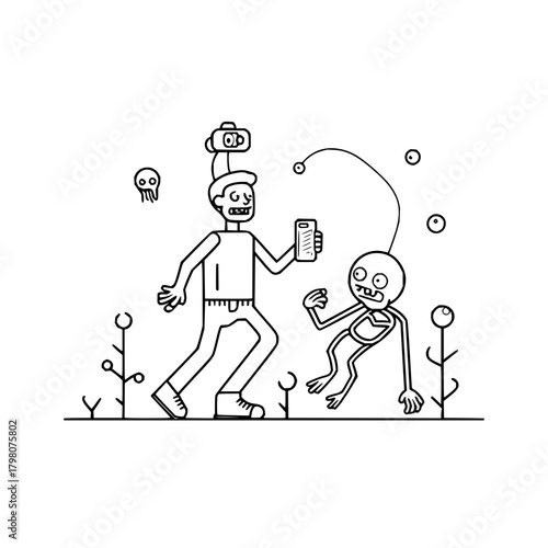 A man with vr headset and phone walking near a strange creature in a surreal landscape drawing