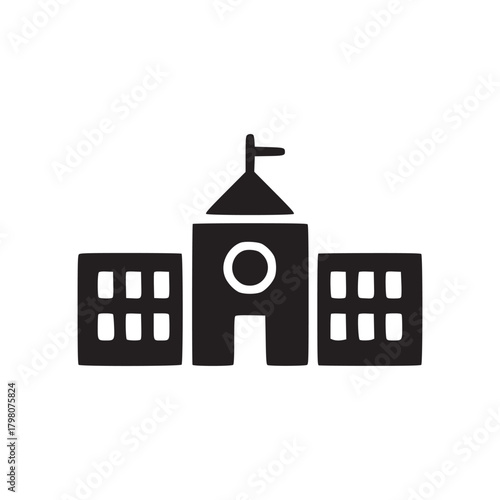 Simple black and white illustration of a school building with a flag on top of the tower section