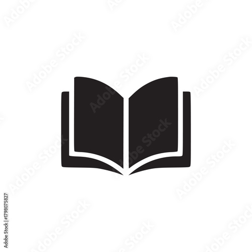 An open book with black pages and white outline displayed on a white background in a simple illustration