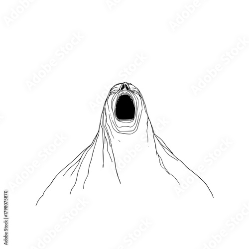 A stark monochrome drawing of a figure with mouth wide open in a scream or yell towards the sky view