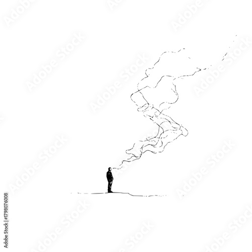 A lone figure stands with abstract smoke or thoughts rising above in a minimalist monochrome scene