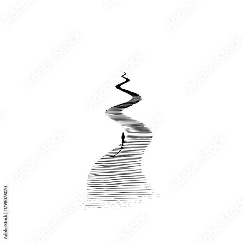 A lone figure walks a winding path rendered in stark black lines against a bright white background space
