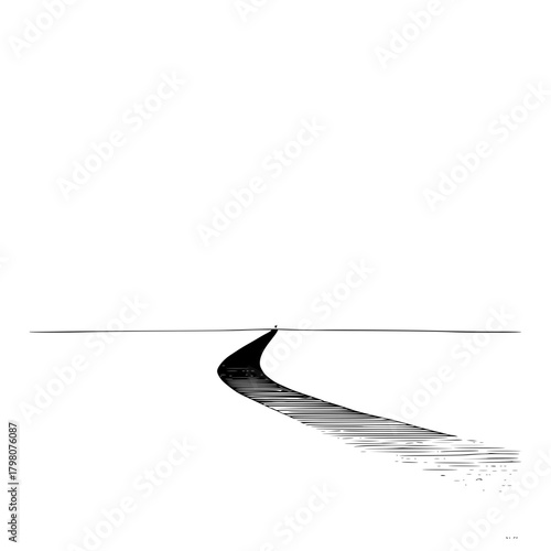 A minimalist monochrome drawing of a path leading to a horizon line with a tiny figure at the end
