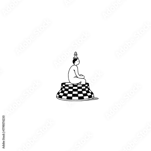 Person sitting on a checkered pedestal with a chess piece on their head in a minimalist style drawing