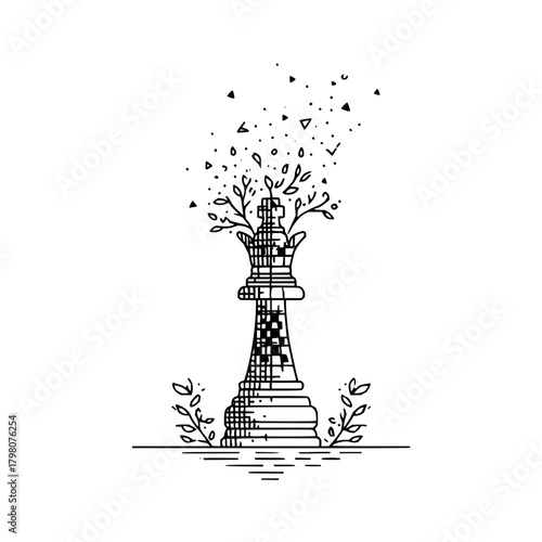A chess queen piece with sprouting branches and leaves and geometric shapes in black and white line art