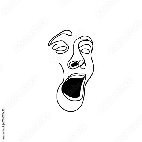 A minimalist line drawing of a face with a gaping mouth expressing a strong emotion or expression