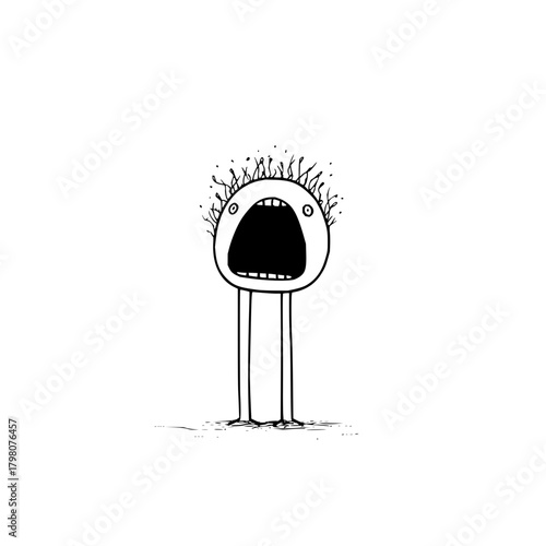 Cartoon figure with a round head and long legs screaming with hair standing on end in black and white