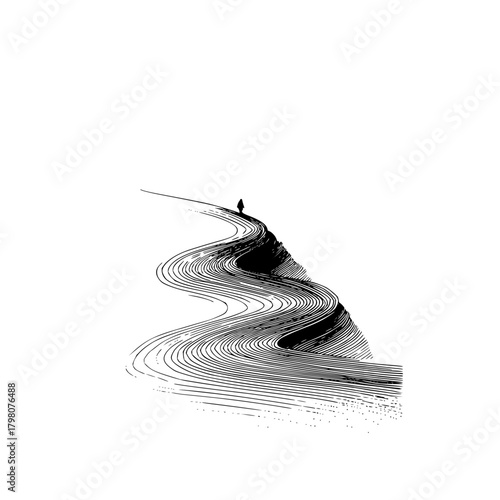 A solitary figure atop a winding hill rendered in detailed linework against a stark white background