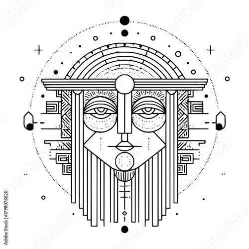 Geometric stylized face with beard and headdress surrounded by dots and geometric shapes in black and white