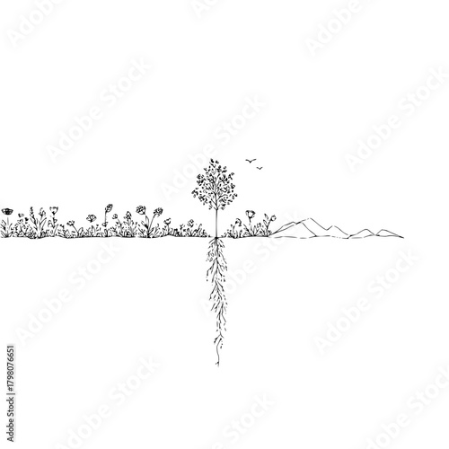 Illustration of a tree with exposed roots growing among flowers and mountains in black and white style